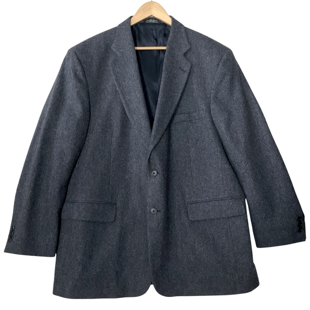 TOWNCRAFT Mens Herringbone Wool Jacket Blazer Lined Pockets Still Closed Dk Blue